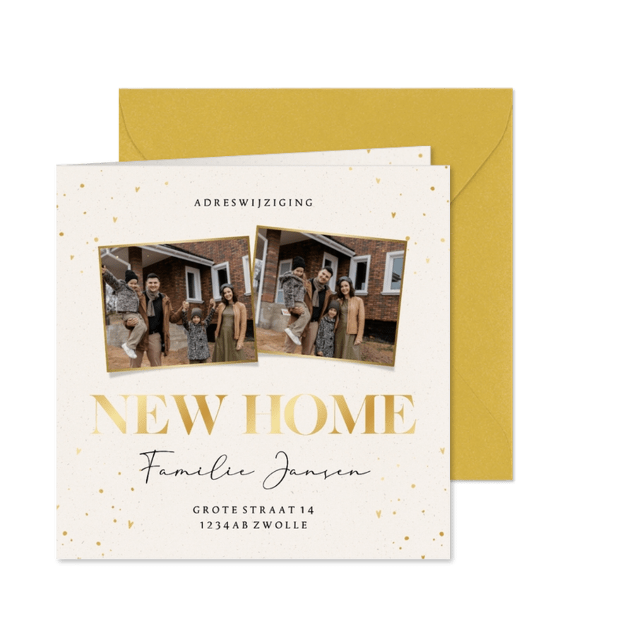 Foto verhuiskaartje met goudfolie new home en hartjes - Kaartimpressie