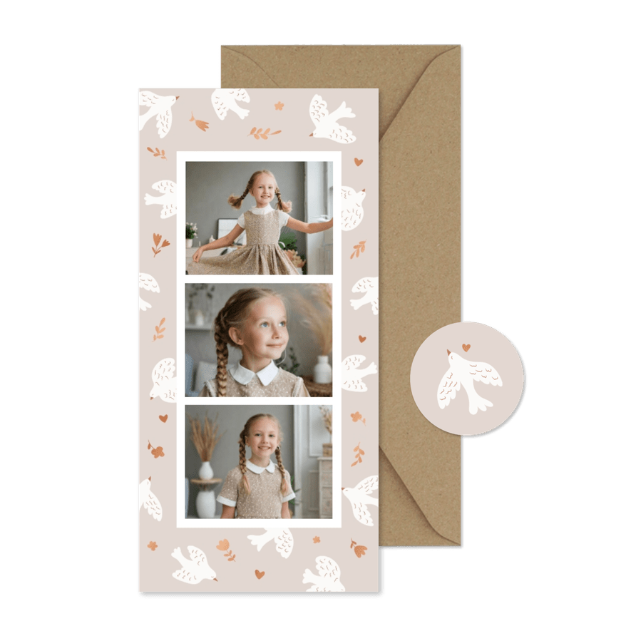 Fotocollage bedankkaartje met duifjes in beige en koperfolie - Kaartimpressie