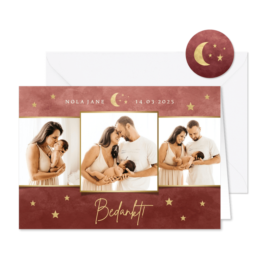 Fotocollage geboorte bedankkaartje met maantje en sterretjes - Kaartimpressie