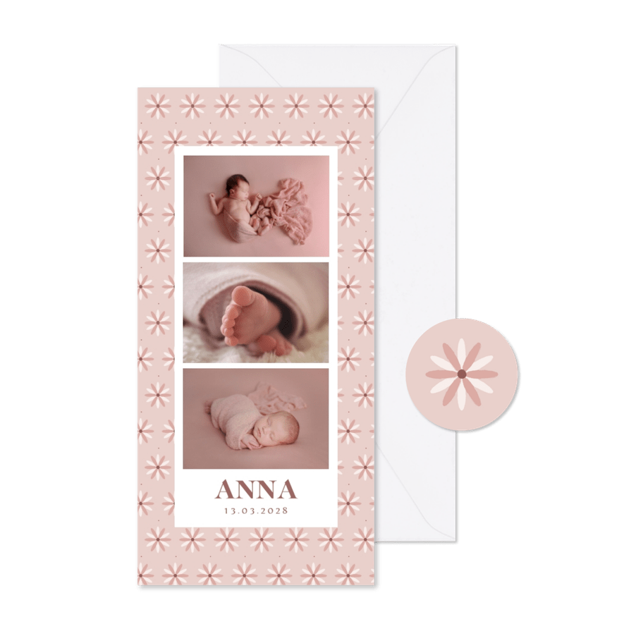 Fotocollage geboortekaartje met roze bloemenpatroontje - Kaartimpressie