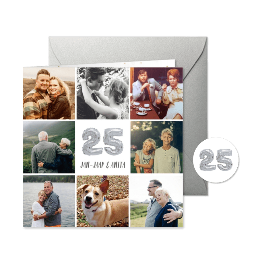 Fotocollage huwelijksjubileum kaart met zilveren 25 ballon - Kaartimpressie