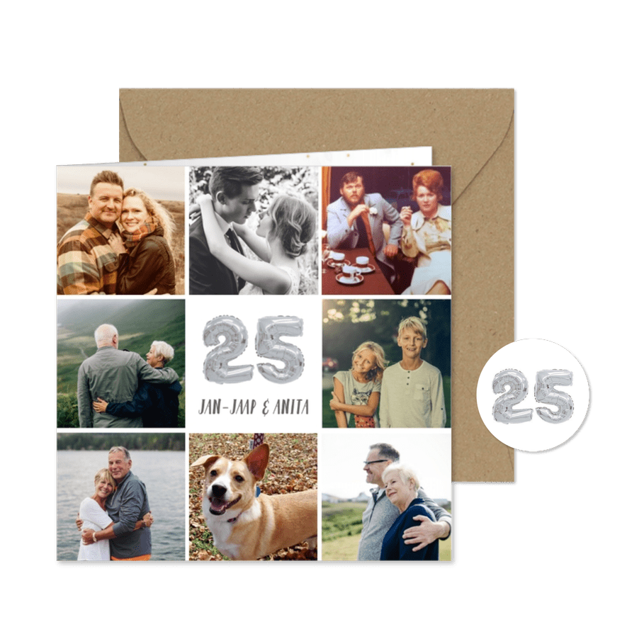 Fotocollage huwelijksjubileum kaart met zilveren 25 ballon - Kaartimpressie