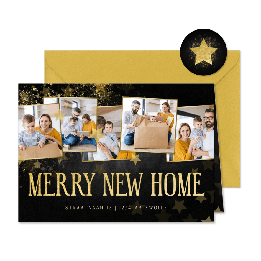 Fotocollage kerst-verhuiskaart met krijtbord en sterren - Kaartimpressie
