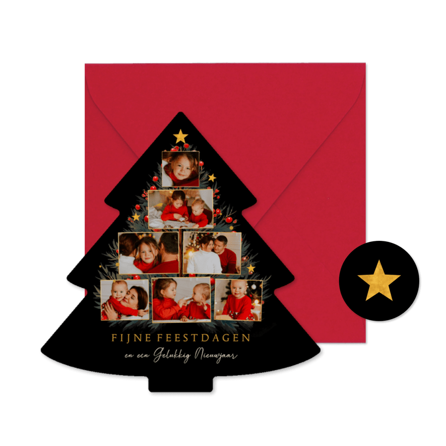 Fotocollage kerstboomvorm met takjes en sterren - Kaartimpressie