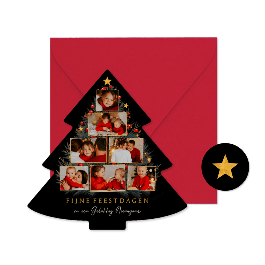 Fotocollage kerstboomvorm met takjes en sterren - Kaartimpressie