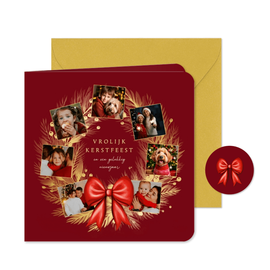 Fotocollage kerstkaart gouden kerstkrans met rode strik - Kaartimpressie