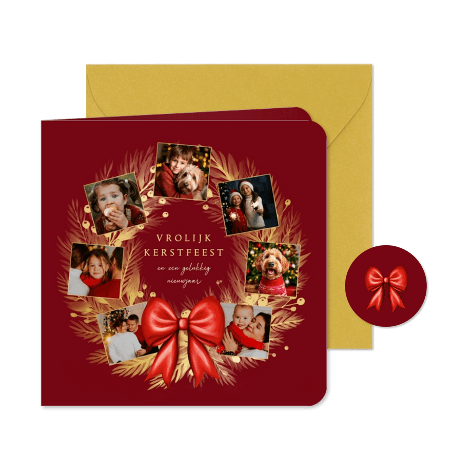 Fotocollage kerstkaart gouden kerstkrans met rode strik  - Kaartimpressie