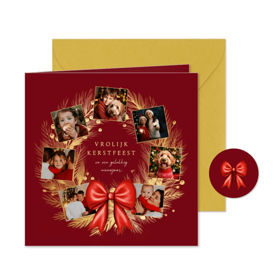 Fotocollage kerstkaart gouden kerstkrans met rode strik - Kaartimpressie