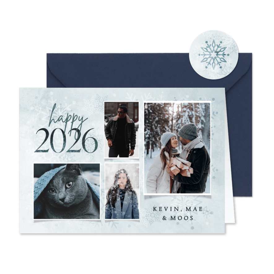 Fotocollage kerstkaart happy 2026 met sneeuwvlokken - Kaartimpressie