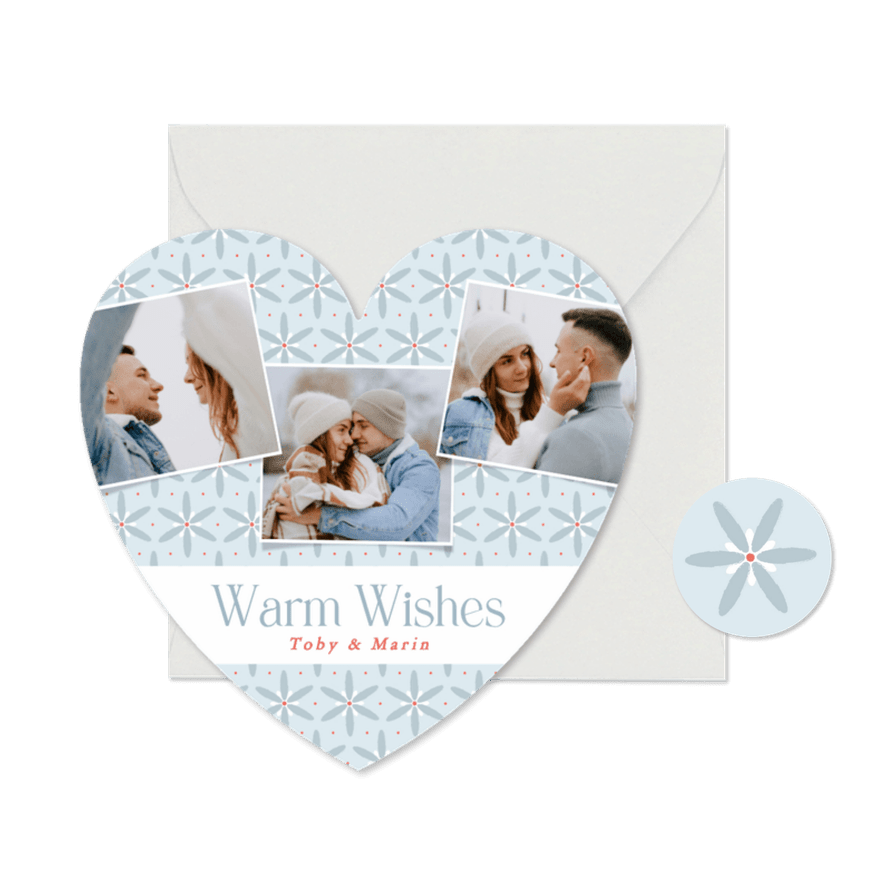 Fotocollage kerstkaart hartje met blauwe bloemen - Kaartimpressie