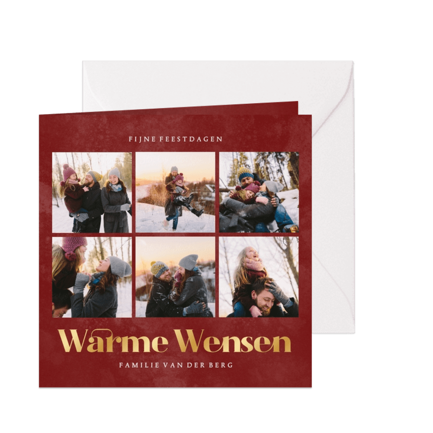 Fotocollage kerstkaart in rood warme wensen met goudfolie - Kaartimpressie