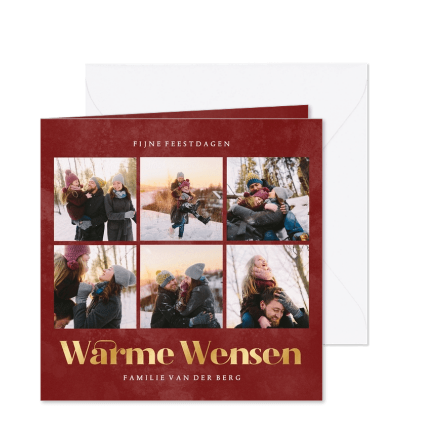 Fotocollage kerstkaart in rood warme wensen met goudfolie - Kaartimpressie