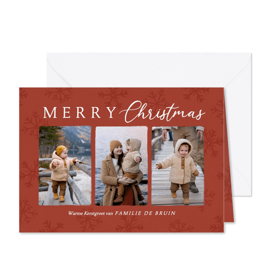 Fotocollage kerstkaart in trendy rode kleur met ijssterren - Kaartimpressie