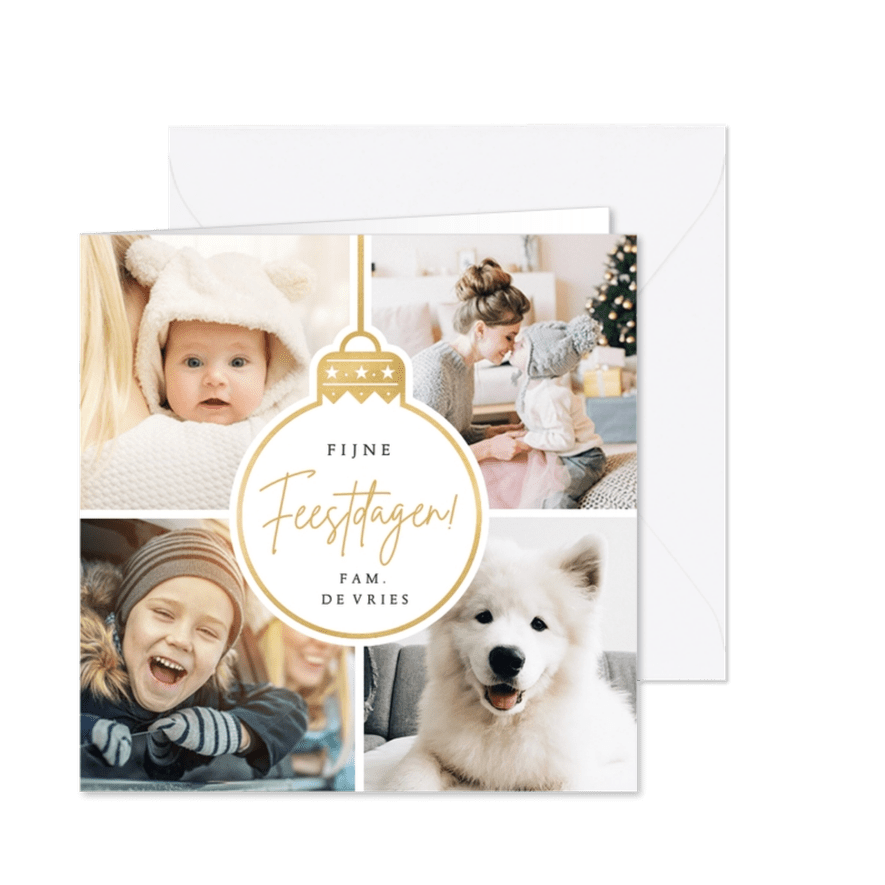 Fotocollage kerstkaart kerstbal met 4 eigen foto's - Kaartimpressie