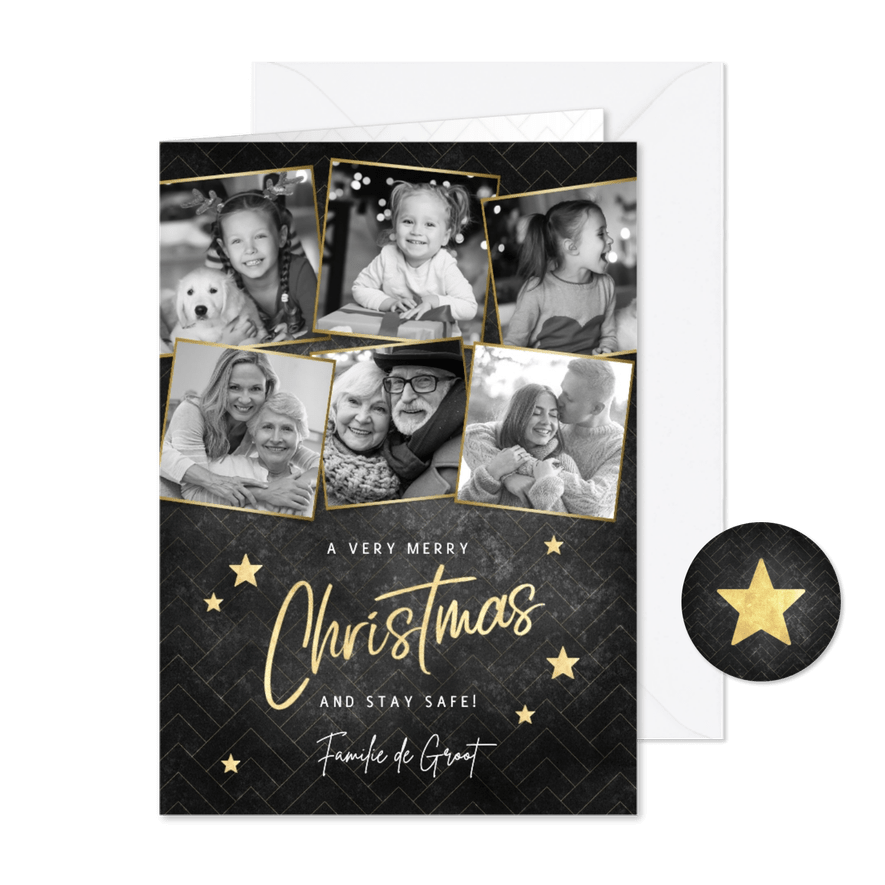 Fotocollage kerstkaart merry christmas met gouden sterren - Kaartimpressie