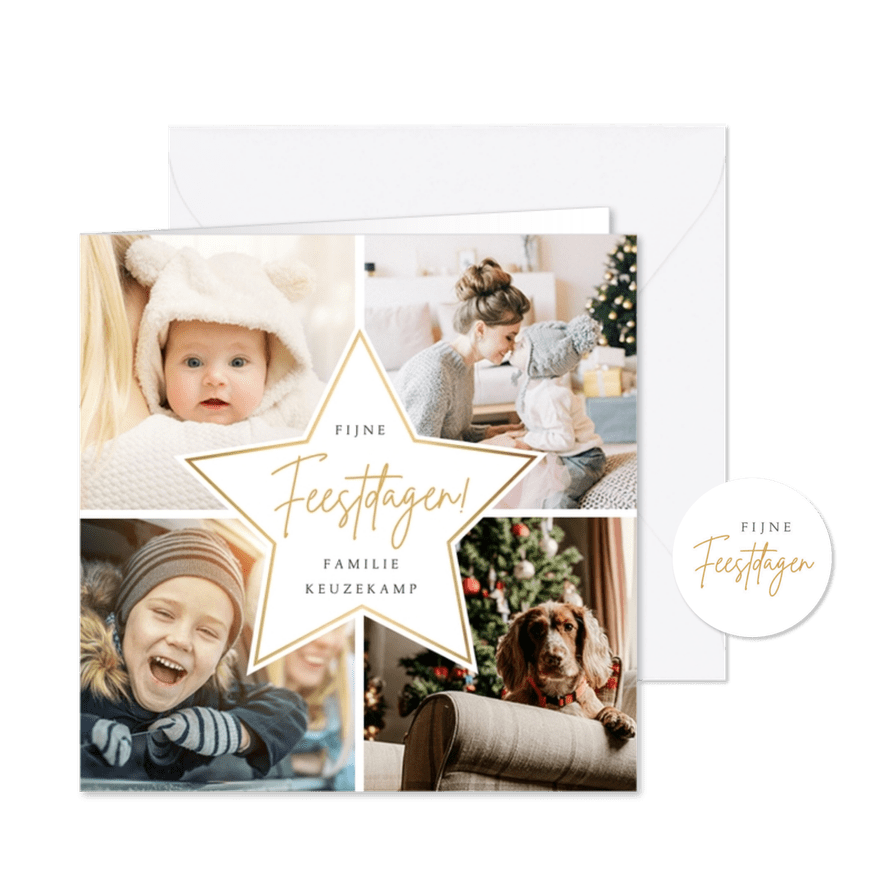 Fotocollage kerstkaart met 4 eigen foto's en gouden ster - Kaartimpressie