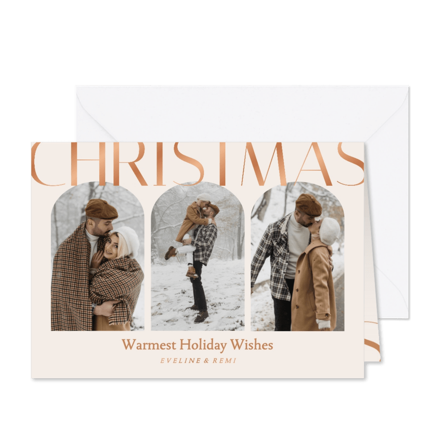 Fotocollage kerstkaart met bogen en grote typografie - Kaartimpressie