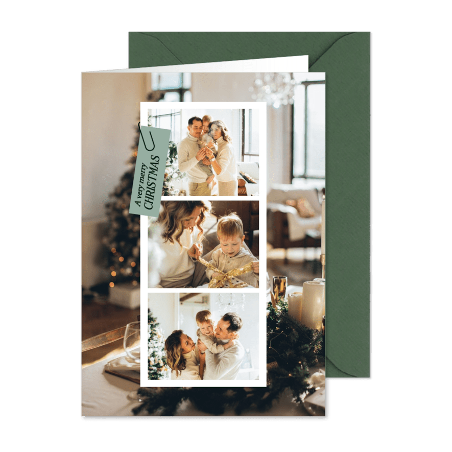Fotocollage kerstkaart met fotostrip groen - Kaartimpressie