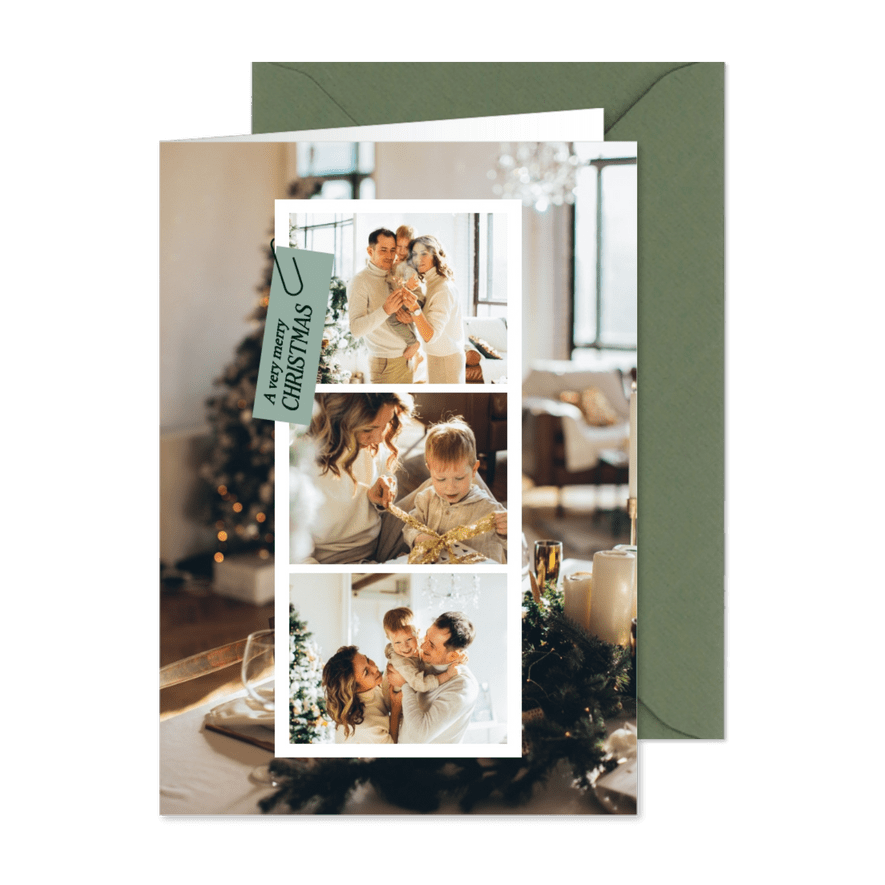 Fotocollage kerstkaart met fotostrip groen - Kaartimpressie