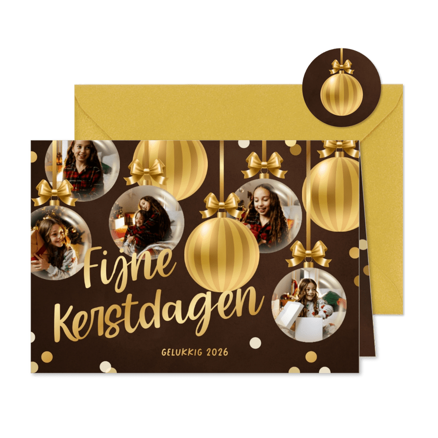 Fotocollage kerstkaart met gouden kerstballen en confetti - Kaartimpressie