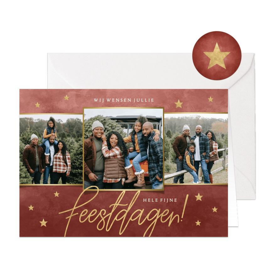 Fotocollage kerstkaart met gouden sterren Fijne Feestdagen - Kaartimpressie