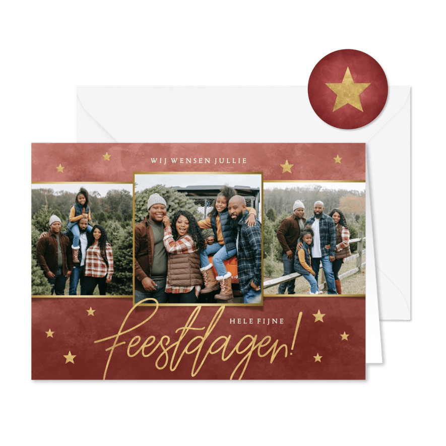 Fotocollage kerstkaart met gouden sterren Fijne Feestdagen - Kaartimpressie