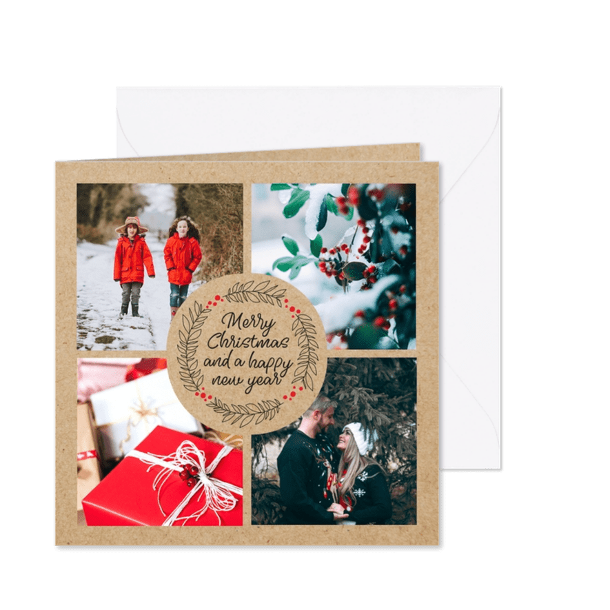 Fotocollage kerstkaart met kerstgroet en kraft - Kaartimpressie