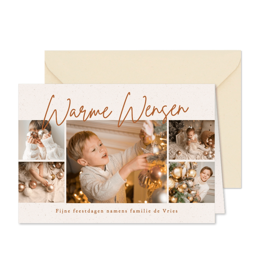 Fotocollage kerstkaart met papiertextuur warme wensen - Kaartimpressie