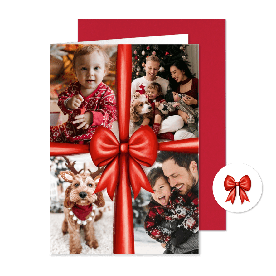 Fotocollage kerstkaart met rode strik  - Kaartimpressie