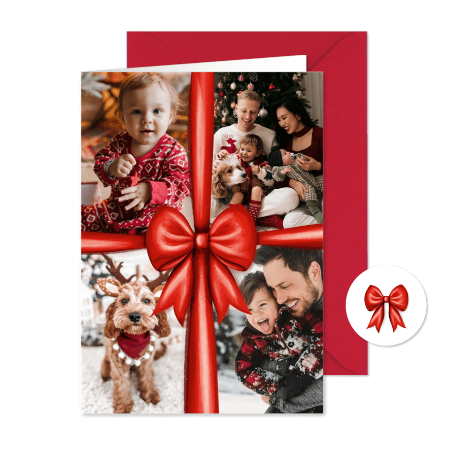 Fotocollage kerstkaart met rode strik - Kaartimpressie