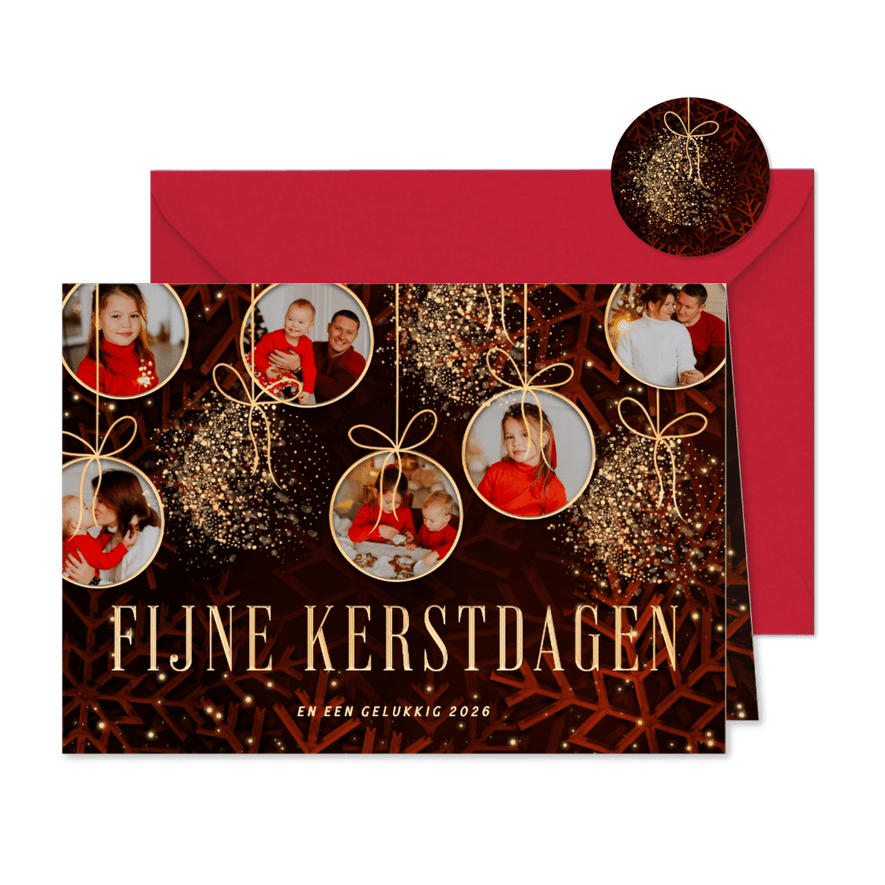 Fotocollage kerstkaart met sprankelende kerstballen rood - Kaartimpressie