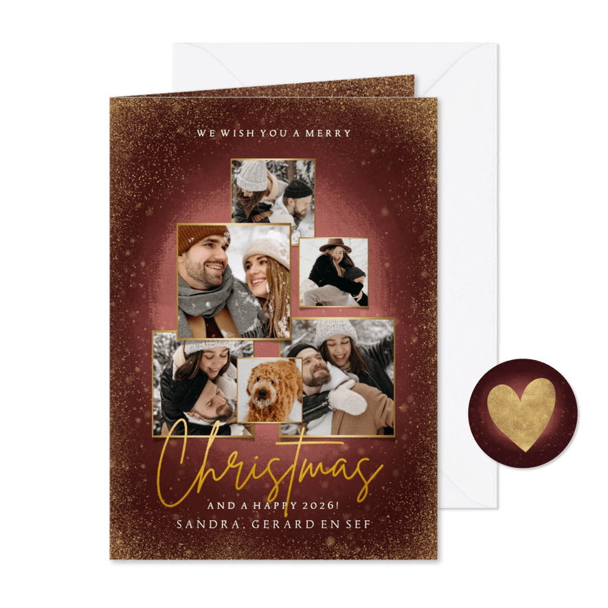 Fotocollage kerstkaart rood, gouden spetters Merry Christmas - Kaartimpressie