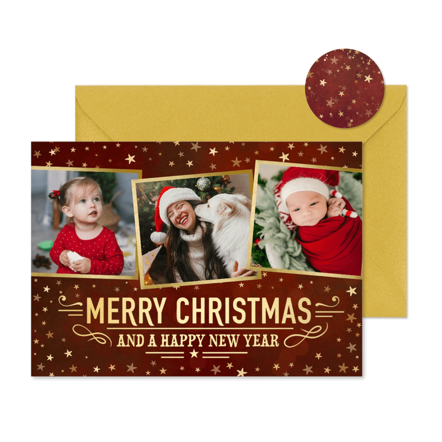 Fotocollage kerstkaart rood met goudlook sterren - Kaartimpressie