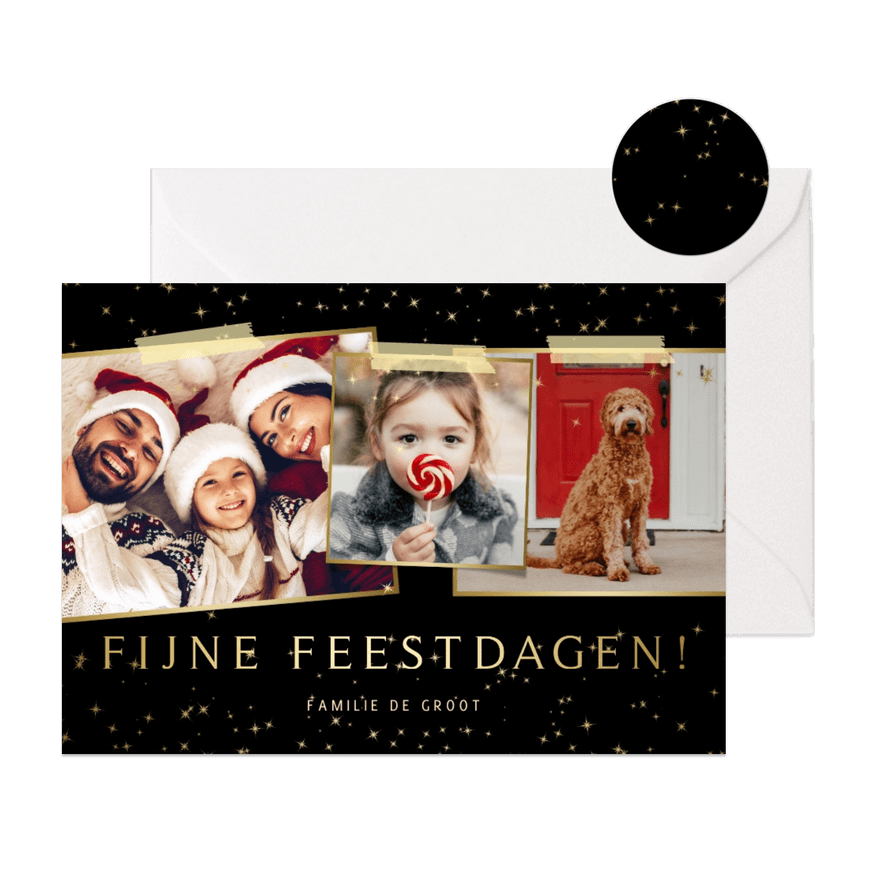 Fotocollage kerstkaart sterren met 3 foto's - Kaartimpressie