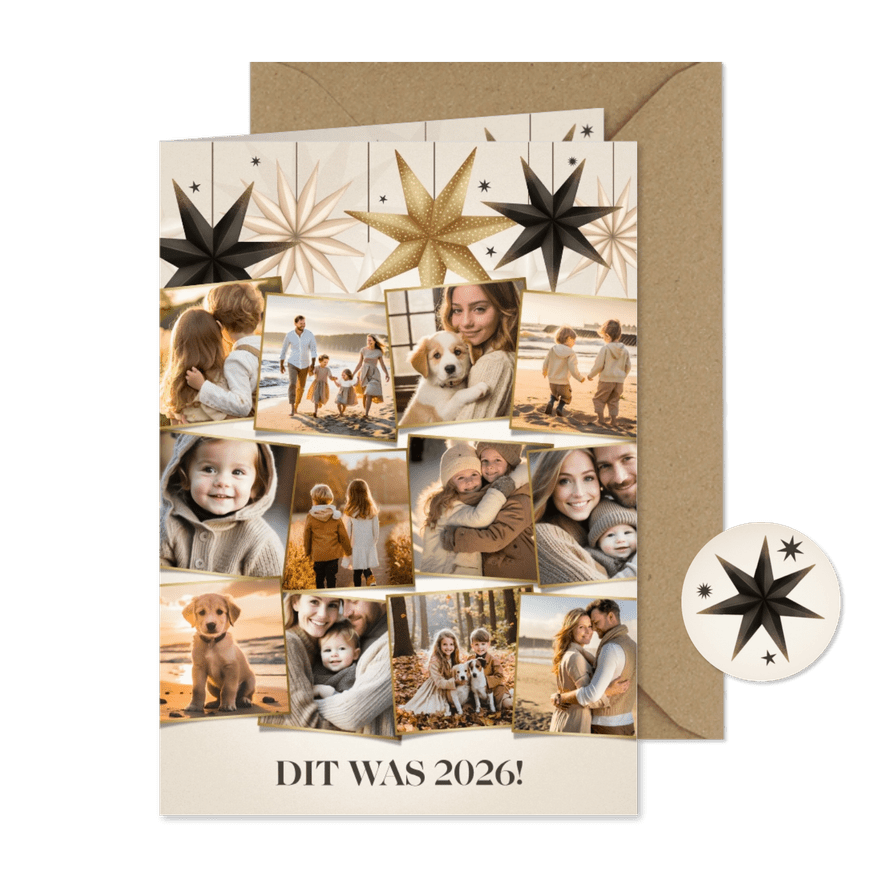 Fotocollage kerstkaart terugblik kerststerren en 12 foto's - Kaartimpressie