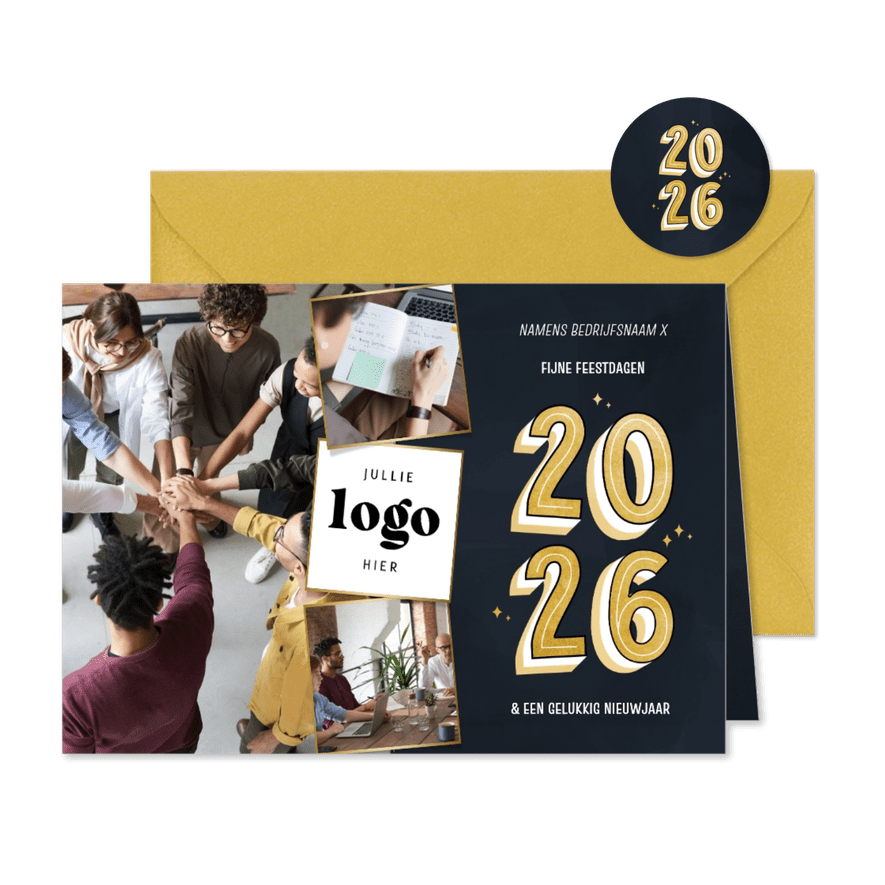 Fotocollage kerstkaart zakelijk donkerblauw met 2026 - Kaartimpressie