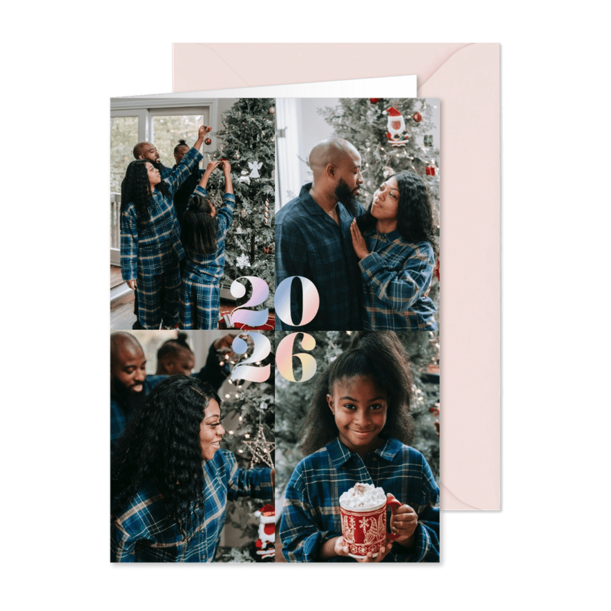 Fotocollage kerstkaartje met holografisch jaartal - Kaartimpressie