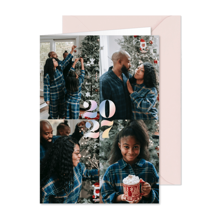 Fotocollage kerstkaartje met holografisch jaartal - Kaartimpressie