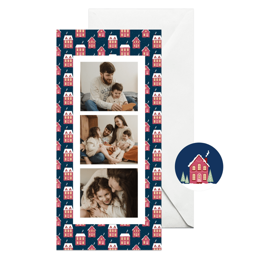 Fotocollage kerstkaartje met huisjes patroon donkerblauw - Kaartimpressie