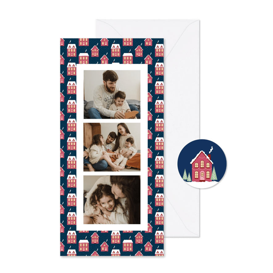 Fotocollage kerstkaartje met huisjes patroon donkerblauw - Kaartimpressie