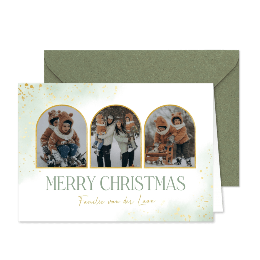 Fotocollage kerstkaartje met lichtgroene waterverf en goud - Kaartimpressie