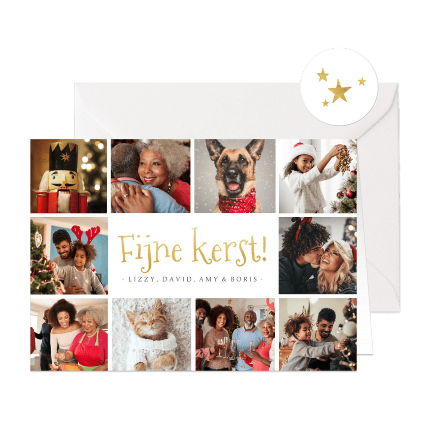 Fotocollage met 10 foto's in goud fijne kerst kerstkaart - Kaartimpressie