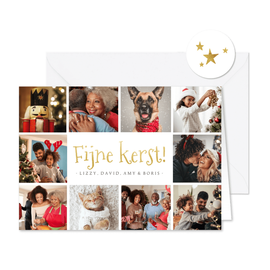 Fotocollage met 10 foto's in goud fijne kerst kerstkaart - Kaartimpressie