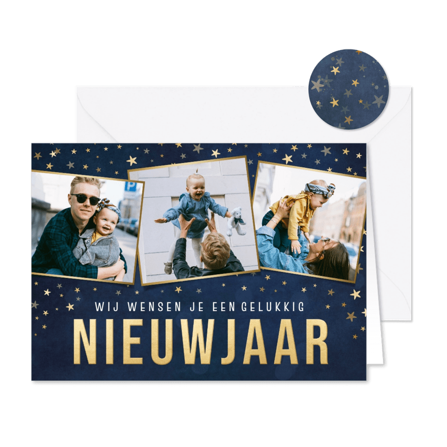 Fotocollage nieuwjaarskaart blauw met gouden sterretjes  - Kaartimpressie
