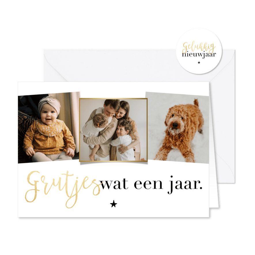 Fotocollage nieuwjaarskaart grutjes wat een jaar goudlook - Kaartimpressie