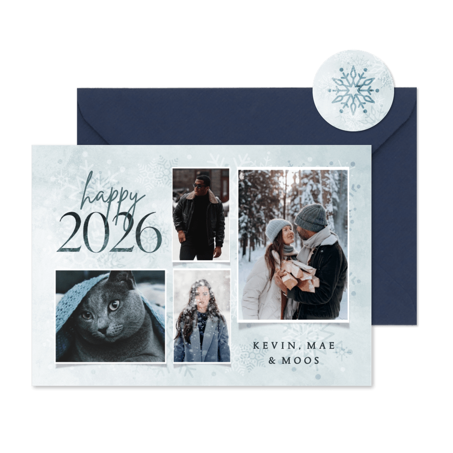 Fotocollage nieuwjaarskaart happy 2026 met sneeuwvlokken - Kaartimpressie