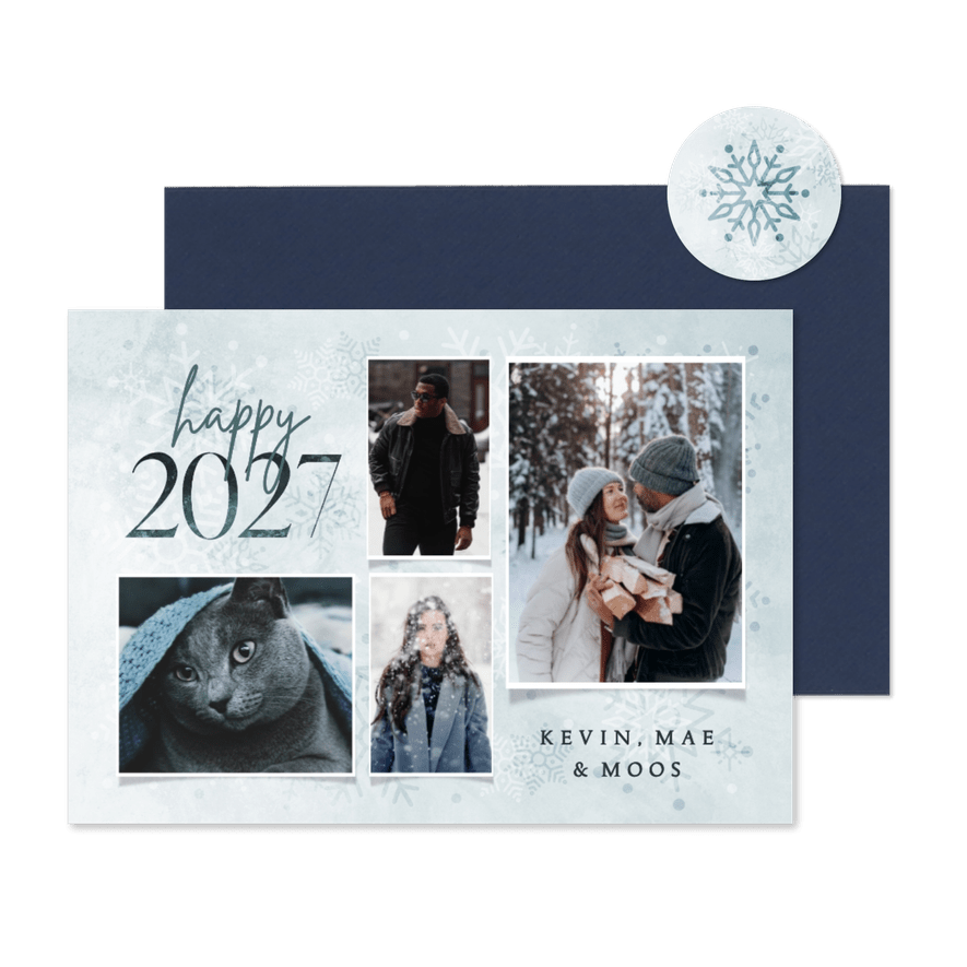 Fotocollage nieuwjaarskaart happy 2027 met sneeuwvlokken - Kaartimpressie