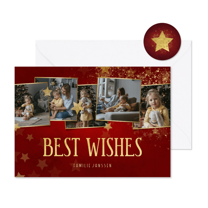 Fotocollage nieuwjaarskaart rood met sterren - Kaartimpressie
