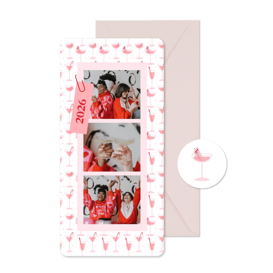 Fotocollage nieuwjaarskaarten roze cocktails proost - Kaartimpressie