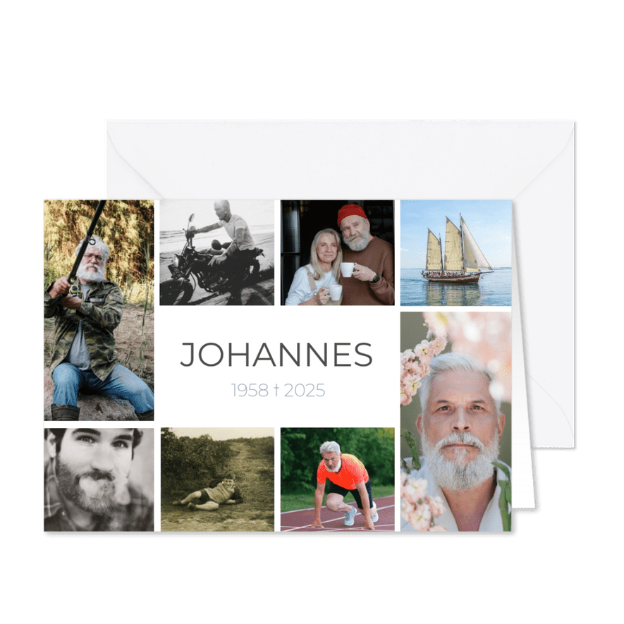 Fotocollage rouwkaart liggend met 8 eigen foto's en naam - Kaartimpressie